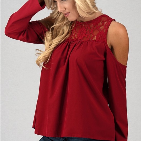 Dark Red Lace Cold Shoulder Top - Picture 2 of 4